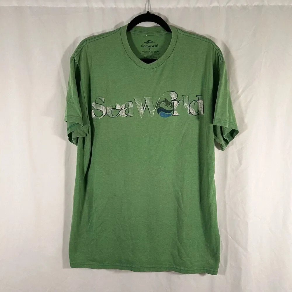 Sea World Shirt Unisex Large Green Short Sleeve Crew Neck Graphic Print Cotton
